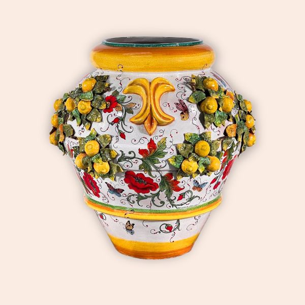 LARGE VASE CM.100H DESIGN:POPPIES WITH 3D LEMONS